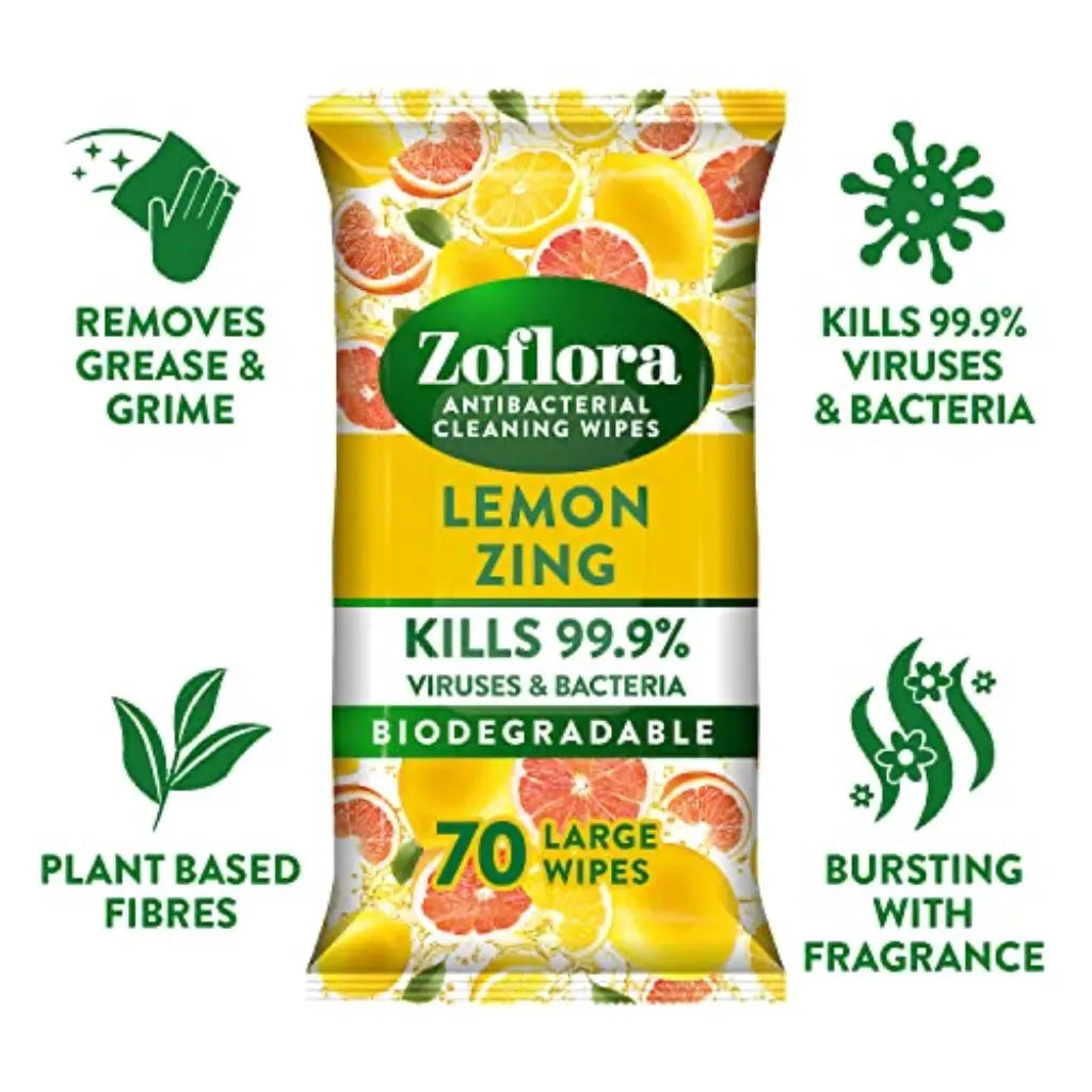 Zoflora Lemon Zing Large Biodegradeable Wipes, Antibacterial Cleaning, 6 x 70 Wipes Pack, Multi-Surface Disinfectant, Removes Odours & Kills 99.9% of Bacteria & Viruses Zoflora