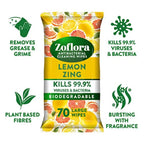 Zoflora Lemon Zing Large Biodegradeable Wipes, Antibacterial Cleaning, 6 x 70 Wipes Pack, Multi-Surface Disinfectant, Removes Odours & Kills 99.9% of Bacteria & Viruses Zoflora
