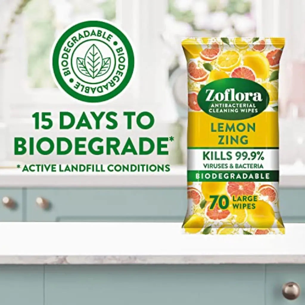 Zoflora Lemon Zing Large Biodegradeable Wipes, Antibacterial Cleaning, 6 x 70 Wipes Pack, Multi-Surface Disinfectant, Removes Odours & Kills 99.9% of Bacteria & Viruses Zoflora