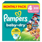 Pampers Baby-Dry Paw Patrol Edition Size 4, 222 Nappies, 9kg-14kg, Monthly Pack, Up to a 100% Leak-Free & Comfortable Night Pampers