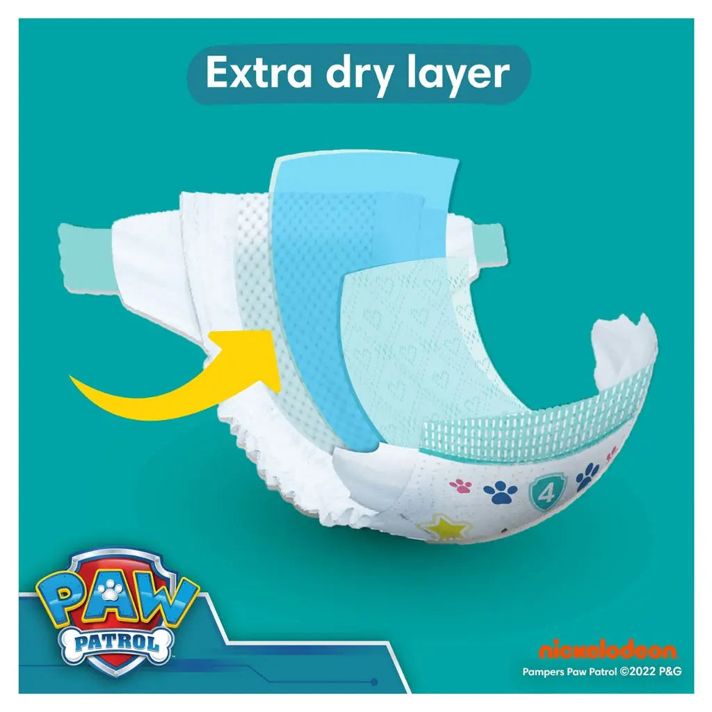 Pampers Baby-Dry Paw Patrol Edition Size 4, 222 Nappies, 9kg-14kg, Monthly Pack, Up to a 100% Leak-Free & Comfortable Night Pampers