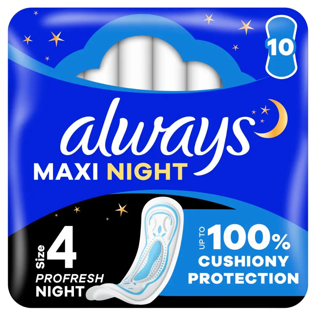 Always Maxi Profresh Night Sanitary Towels Without Wings 10 x 10 Pads Neutralises Odours, Super Fit, Super Absorbent Always