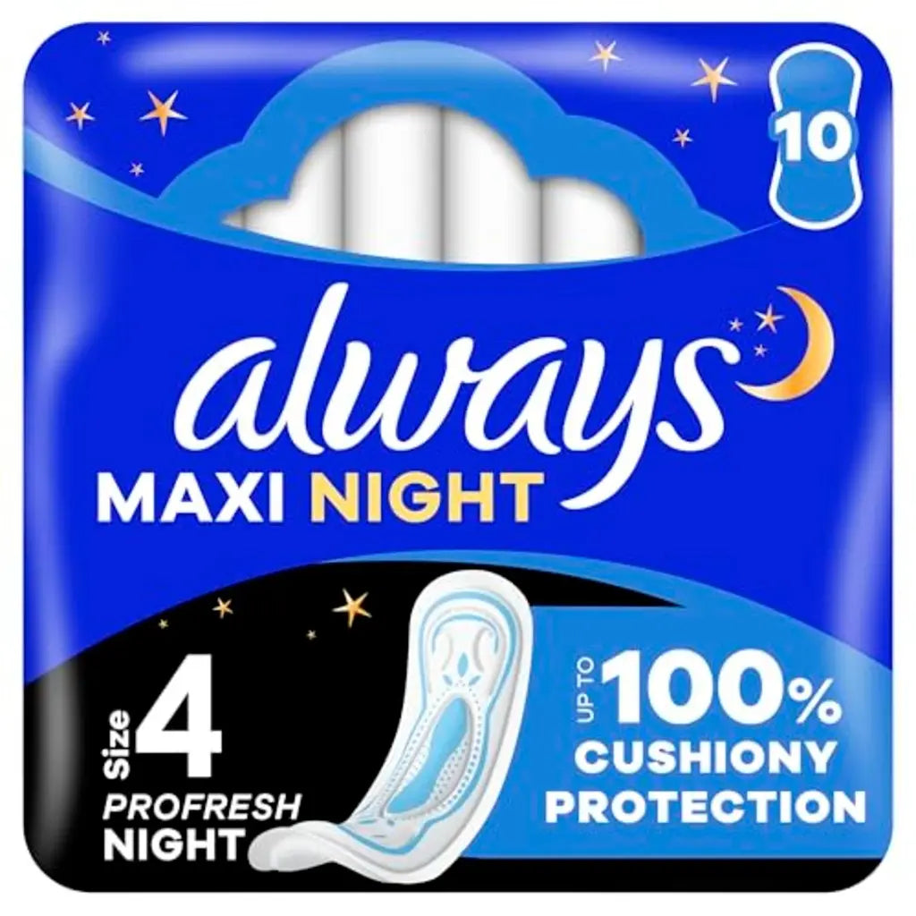 Always Maxi Profresh Night Sanitary Towels Without Wings 10 x 10 Pads Neutralises Odours, Super Fit, Super Absorbent Always