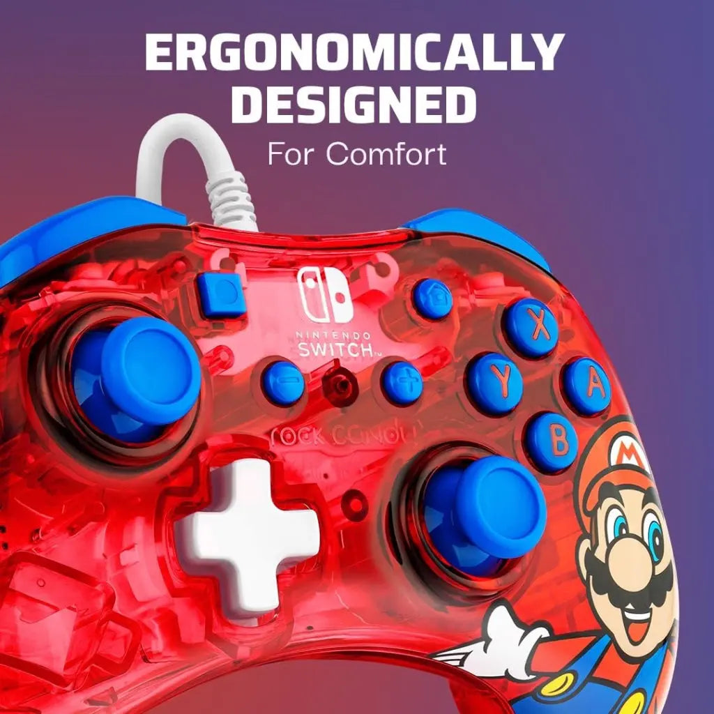 PDP Rock Candy Wired Gaming Switch Pro Controller - Mario - Red - Official License Nintendo - OLED / Lite Compatible, Compact, Durable Travel Controller PDP