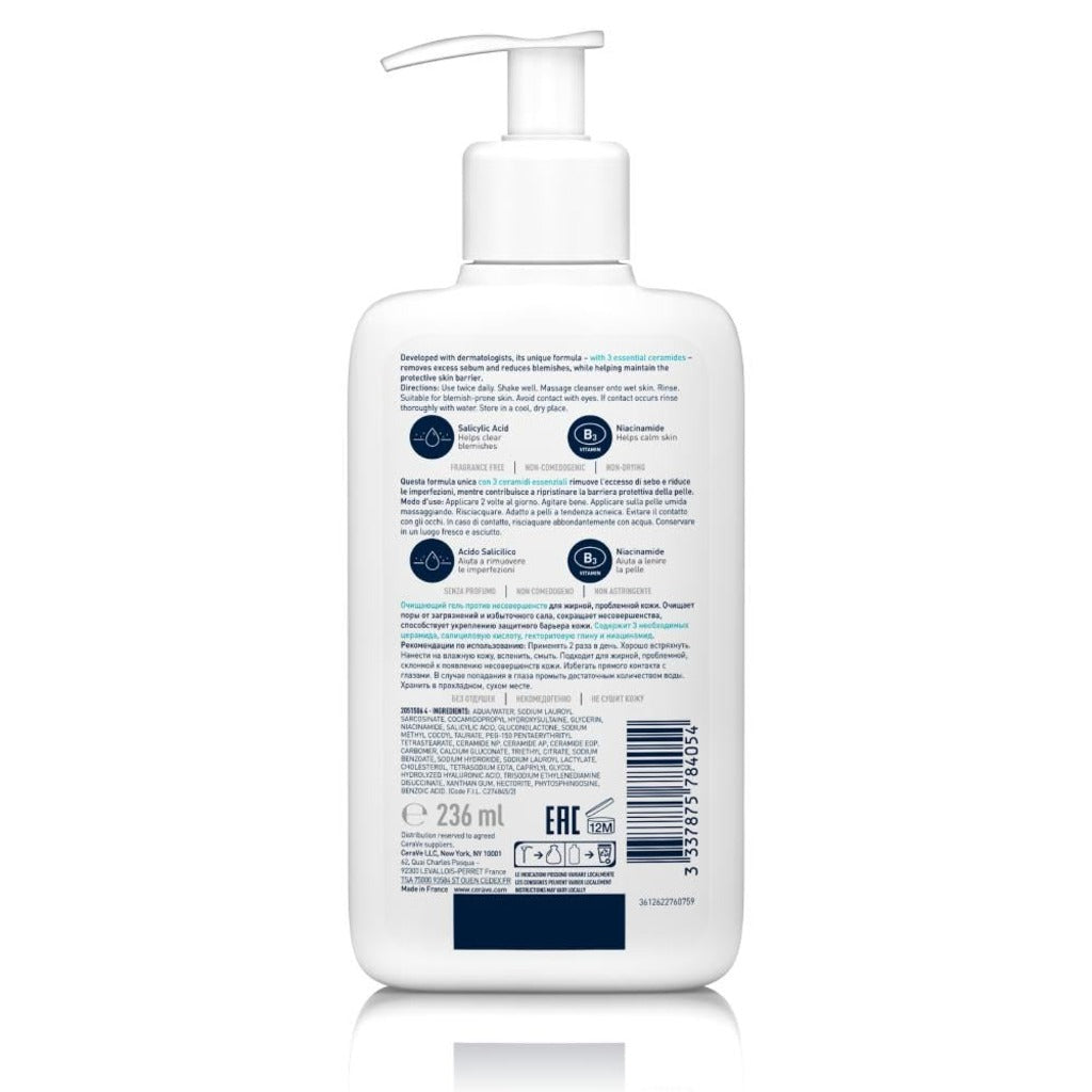 CeraVe Blemish Control Cleanser 236ml - 2% Salicylic Acid Face Wash with Niacinamide and Ceramides for Acne Prone Skin and Clogged Pores