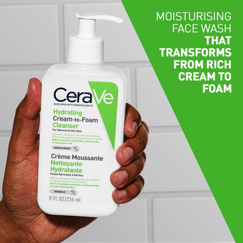 CeraVe Hydrating Cream-to-Foam Cleanser 236ml - Face Wash with Amino Acids and Hyaluronic Acid for Normal to Dry Skin - Fragrance Free