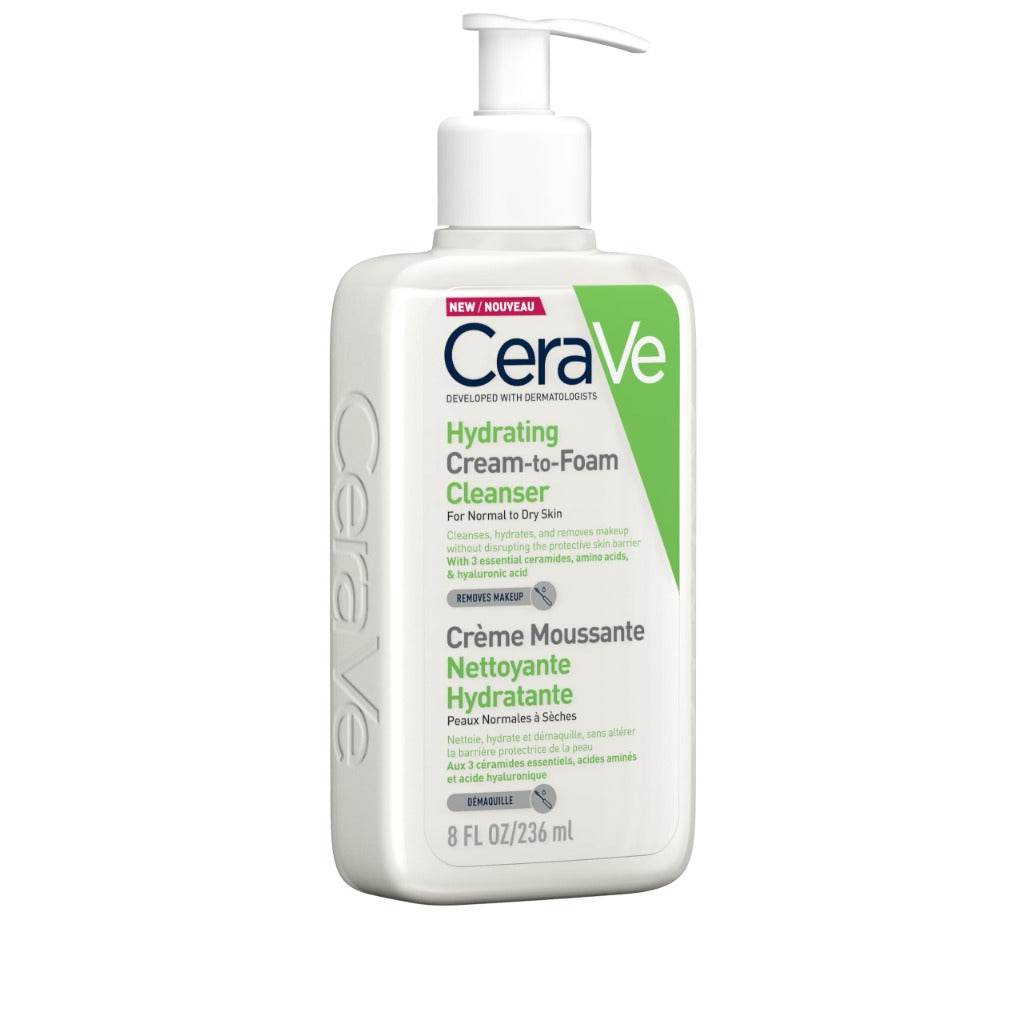 CeraVe Hydrating Cream-to-Foam Cleanser 236ml - Face Wash with Amino Acids and Hyaluronic Acid for Normal to Dry Skin - Fragrance Free