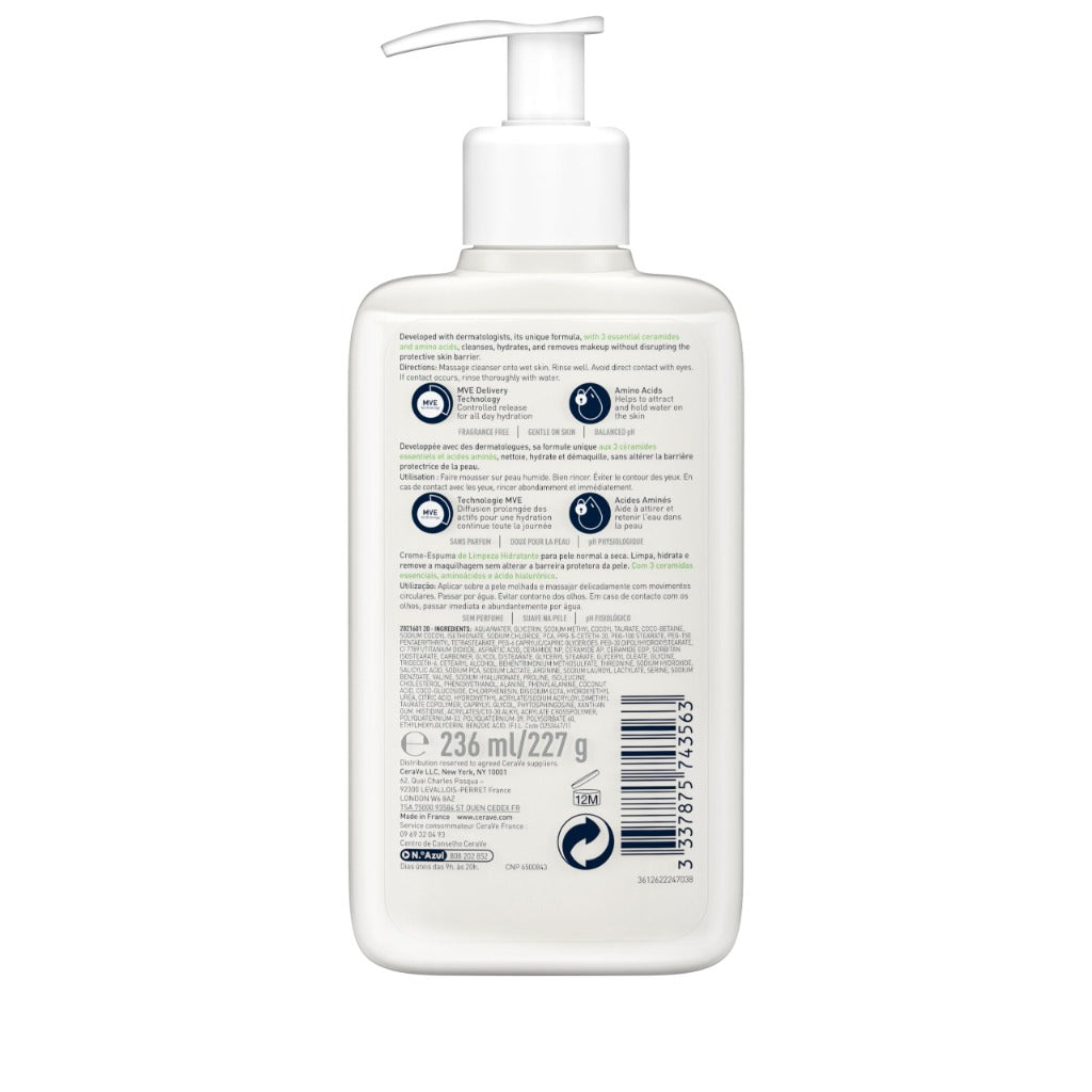 CeraVe Hydrating Cream-to-Foam Cleanser 236ml - Face Wash with Amino Acids and Hyaluronic Acid for Normal to Dry Skin - Fragrance Free