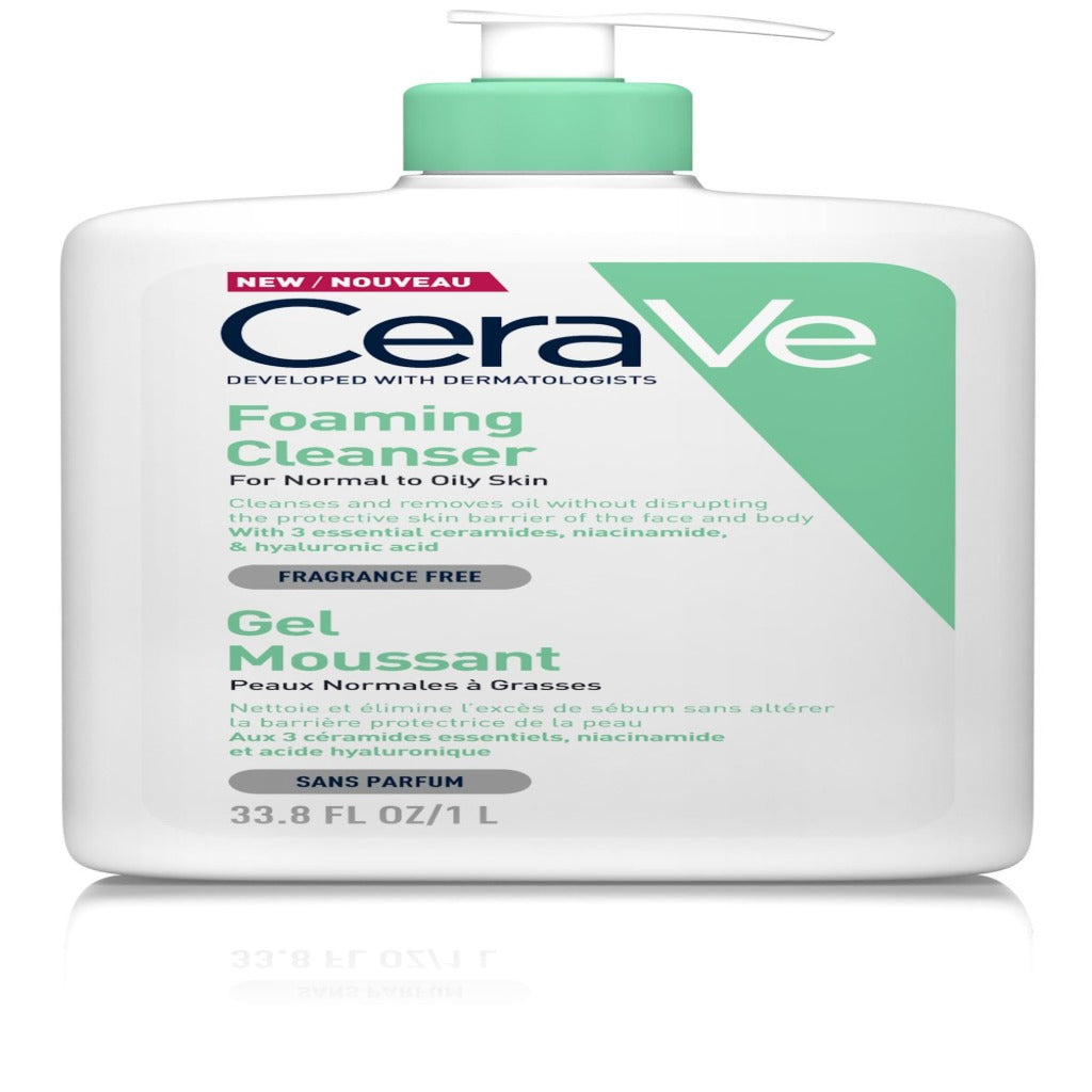 CeraVe Foaming Cleanser 1L Pump Bottle Daily Face and Body Wash for Normal to Oily Skin with Niacinamide and Hyaluronic Acid 1000ml
