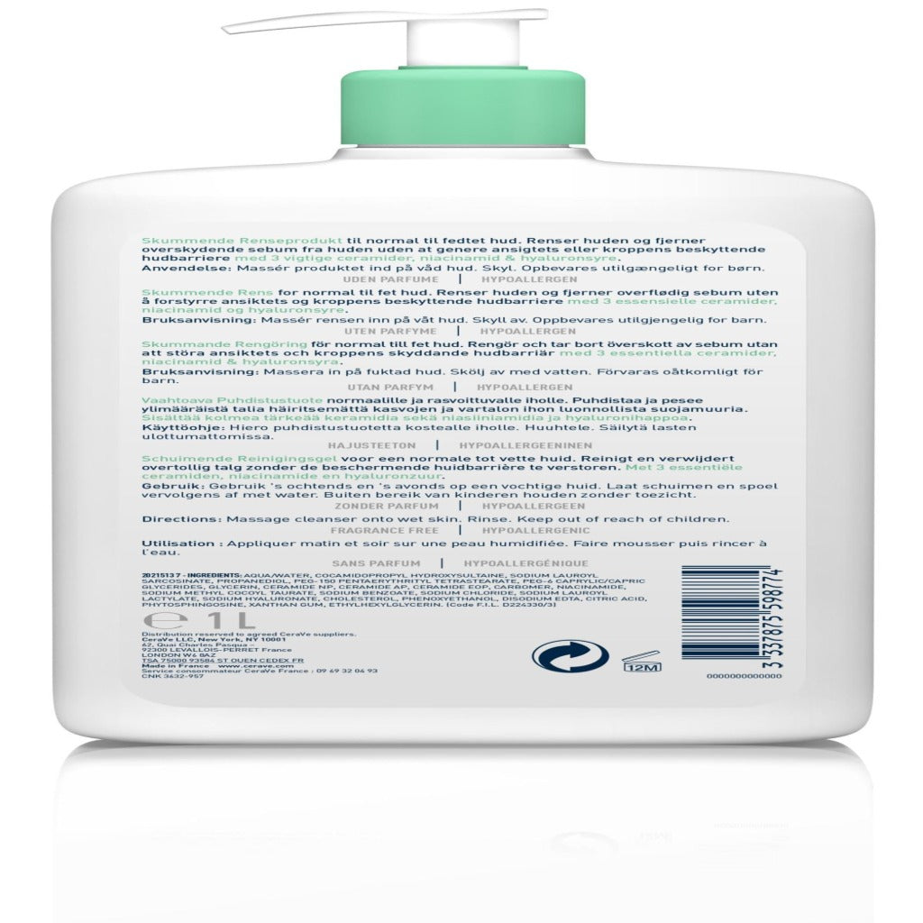 CeraVe Foaming Cleanser 1L Pump Bottle Daily Face and Body Wash for Normal to Oily Skin with Niacinamide and Hyaluronic Acid 1000ml