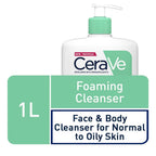 CeraVe Foaming Cleanser 1L Pump Bottle Daily Face and Body Wash for Normal to Oily Skin with Niacinamide and Hyaluronic Acid 1000ml