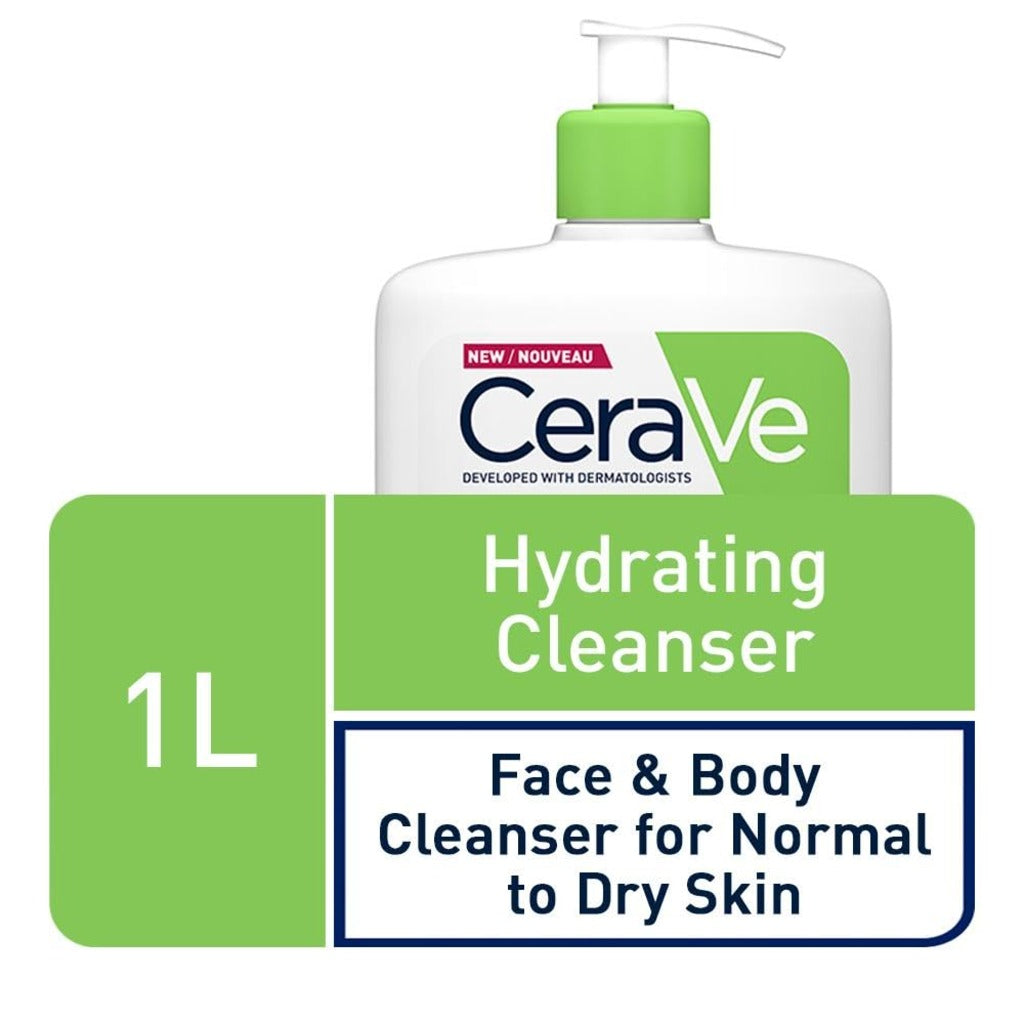 CeraVe Hydrating Cleanser 1L - Non-Foaming Face Wash and Body Cleanser for Normal to Dry Skin - With Hyaluronic Acid and Ceramides