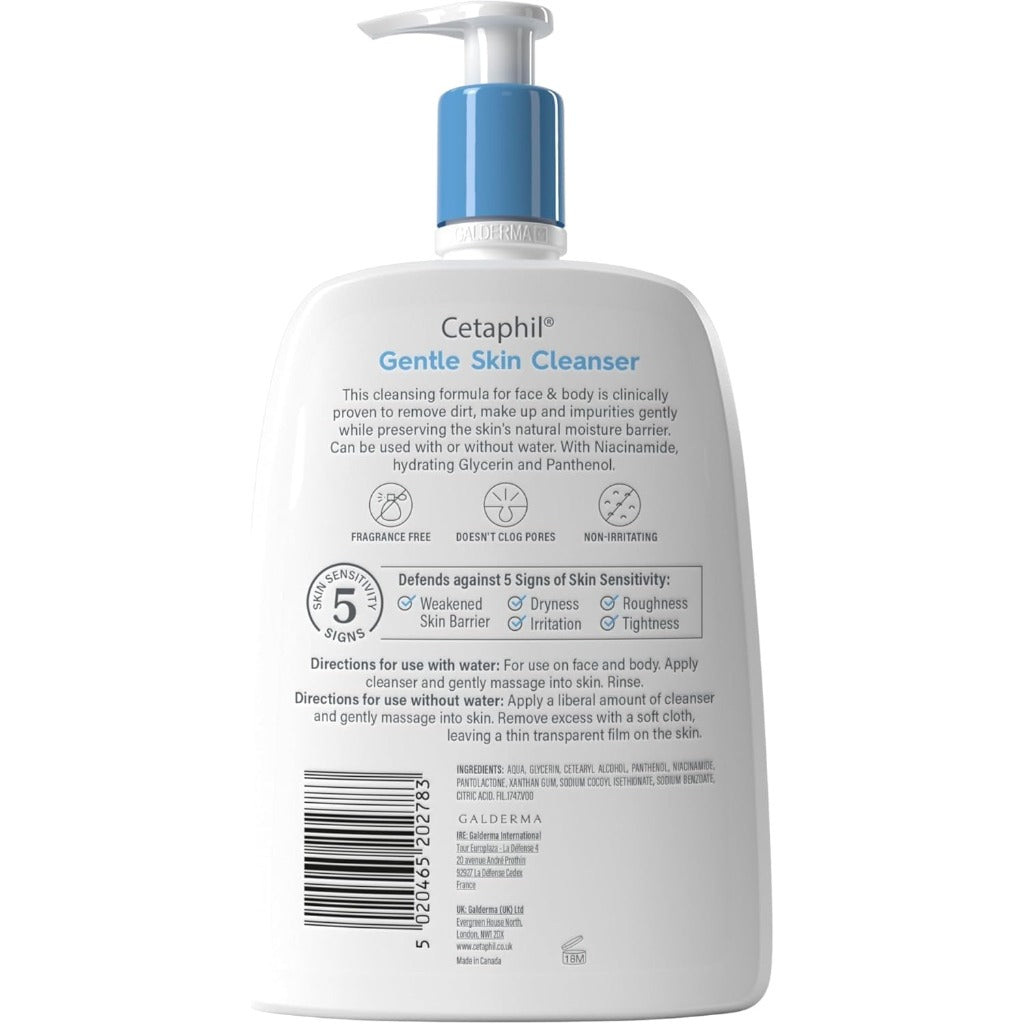 Cetaphil Gentle Skin Cleanser, 1L, Face & Body Wash, For Normal To Dry Sensitive Skin, With Niacinamide & Glycerin, Soap Free, 1 unit, Packaging May Vary