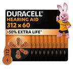 Duracell 312 Hearing Aid Batteries Brown Tab Pack of 60 Long Lasting Zinc Air Cells 1.45V High Performance Wholesale Pack