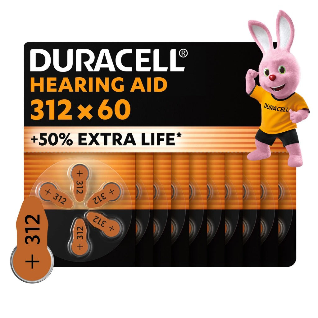 Duracell 312 Hearing Aid Batteries Brown Tab Pack of 60 Long Lasting Zinc Air Cells 1.45V High Performance Wholesale Pack