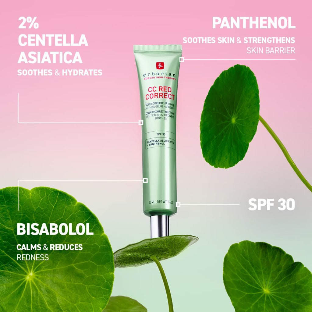 Erborian - CC Red Correct - Anti Redness Tinted Face Cream with Centella Asiatica Panthenol and Bisabolol - Green Neutralizing Shade with SPF 30 - Light Coverage - 15ml - Korean Cosmetic