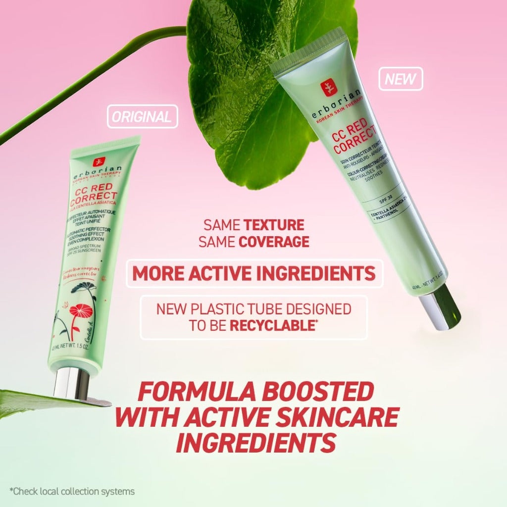 Erborian - CC Red Correct - Anti Redness Tinted Face Cream with Centella Asiatica Panthenol and Bisabolol - Green Neutralizing Shade with SPF 30 - Light Coverage - 15ml - Korean Cosmetic