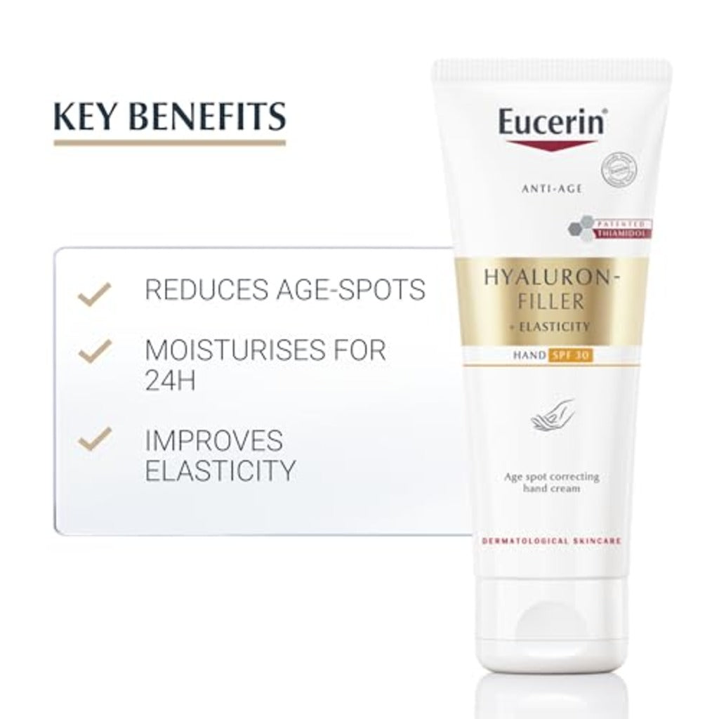Eucerin Hyaluron-Filler + Elasticity Age Spot Correcting Hand Cream SPF 30 75ml, Anti-Ageing Hand Moisturiser with Thiamidol and Hyaluronic Acid, Reduces Dark Spots and Protects Against Sun Damage