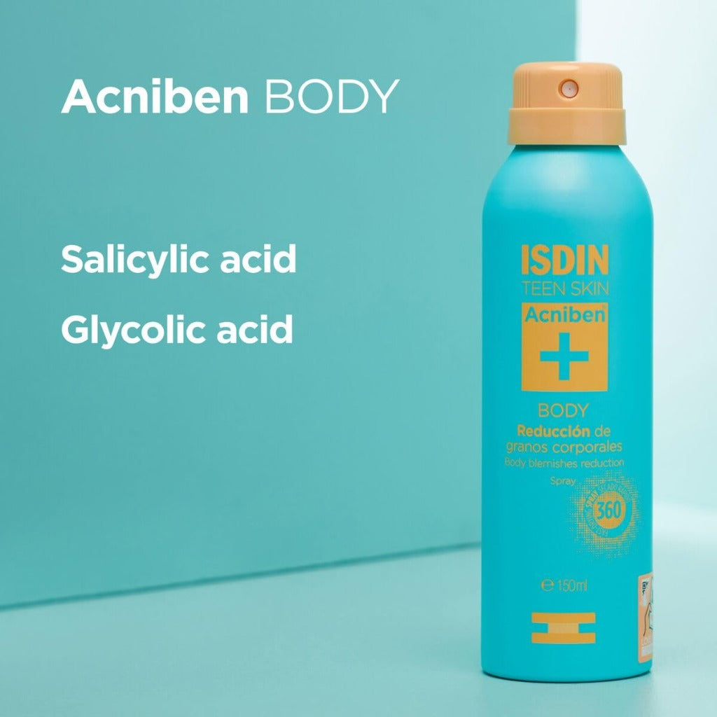 ISDIN Acniben Body Spray - For Body Acne, Bacne & Chest Spots - Salicylic & Glycolic Acid Exfoliant - Quick Drying, 360o Nozzle, 150ml - Damaged Box