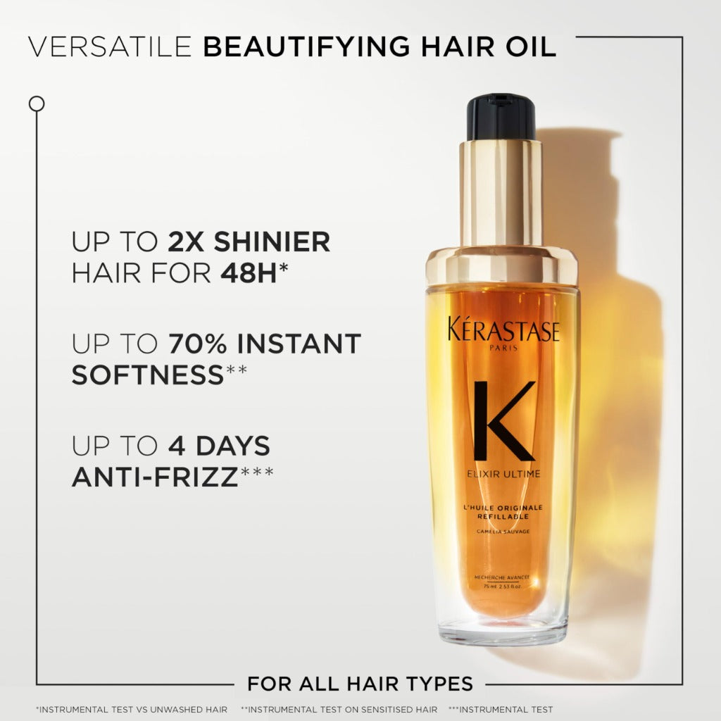 K'erastase Elixir Ultime Hair Oil, For Dull, All Hair Types, Strengthens, Nourishes and Protects From Heat, With Argan and Camellia Oil, L'Huile Originale, 75ml - Damaged Box