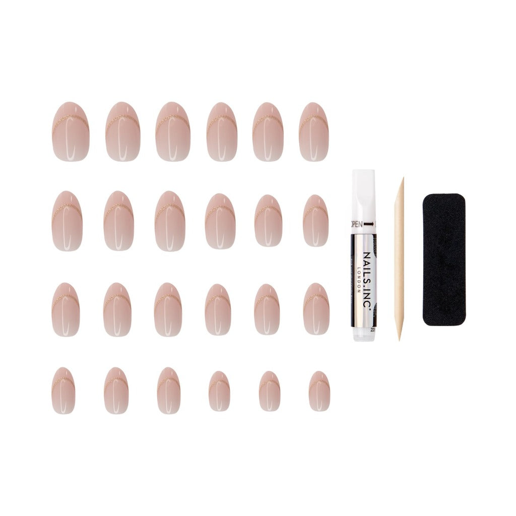 Nails.INC #NailingLife Style It Like Sabrina Gold French Tip Press-On Nails, Almond Shaped, 30 Sizes, Long-Lasting, Non-Damaging, No Snap, Salon-Quality At Home Manicure, Glue Included, 33 Piece Set