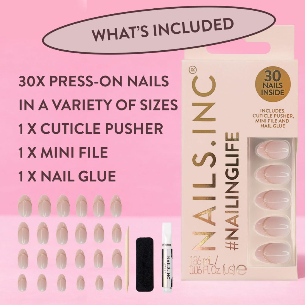 Nails.INC #NailingLife Style It Like Sabrina Gold French Tip Press-On Nails, Almond Shaped, 30 Sizes, Long-Lasting, Non-Damaging, No Snap, Salon-Quality At Home Manicure, Glue Included, 33 Piece Set
