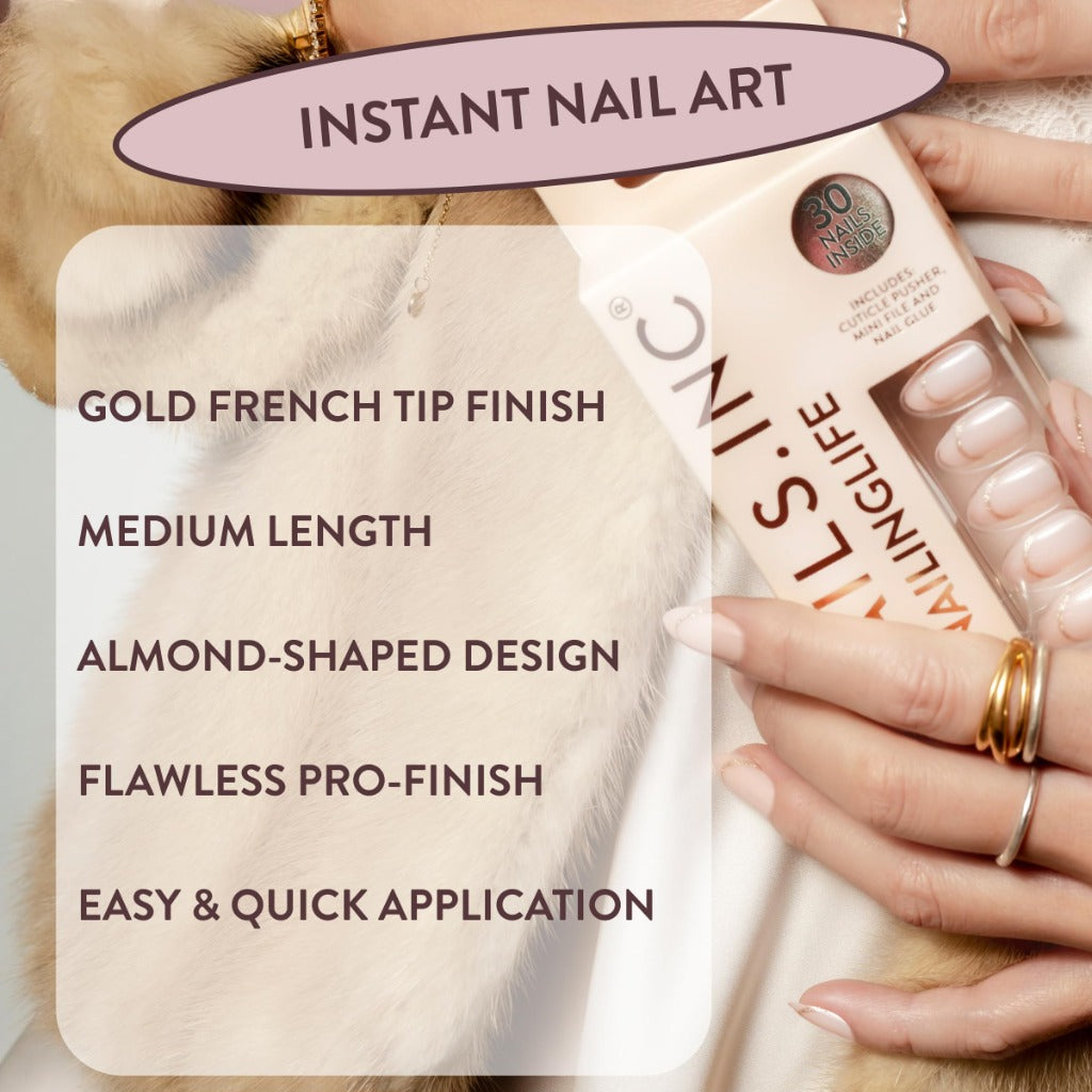 Nails.INC #NailingLife Style It Like Sabrina Gold French Tip Press-On Nails, Almond Shaped, 30 Sizes, Long-Lasting, Non-Damaging, No Snap, Salon-Quality At Home Manicure, Glue Included, 33 Piece Set