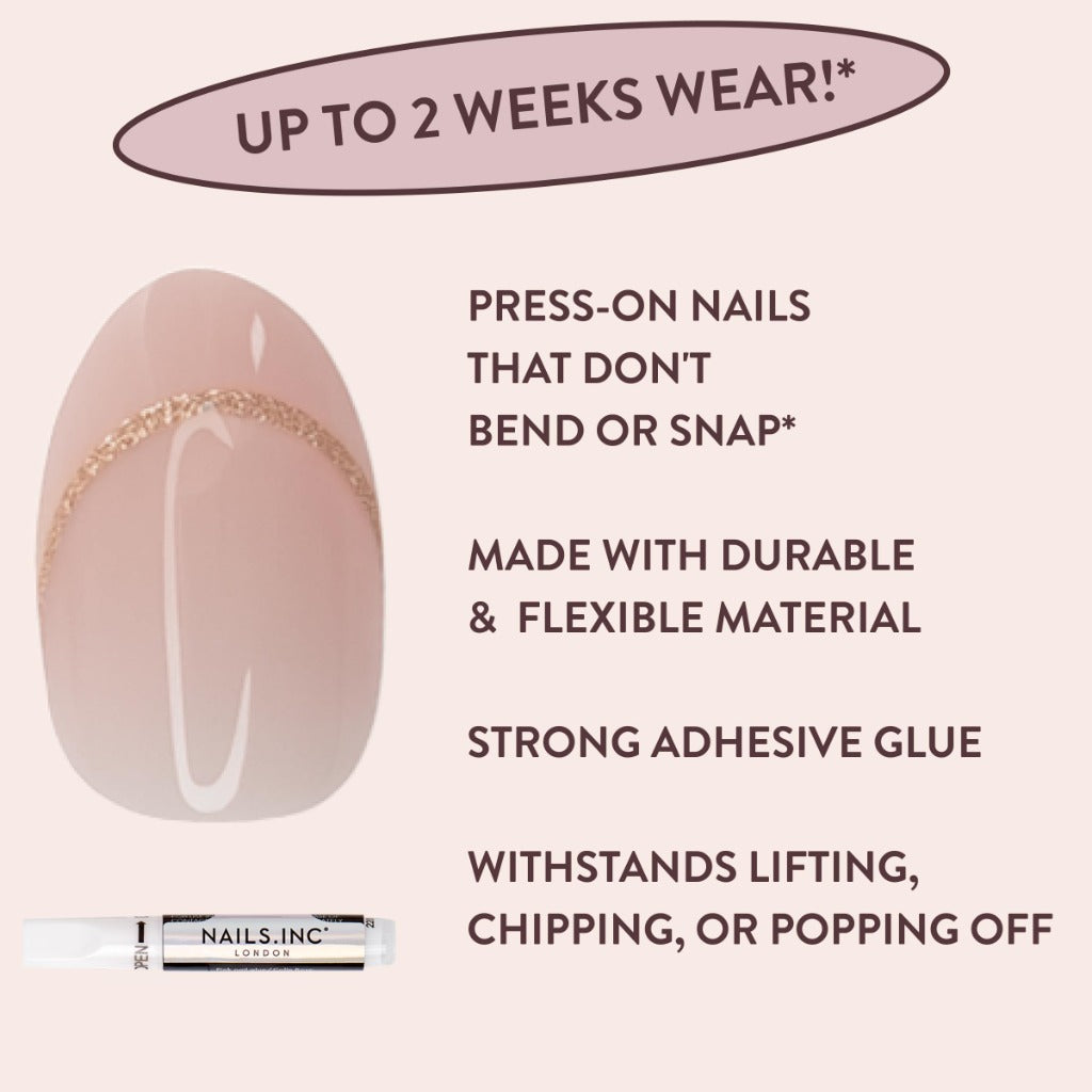 Nails.INC #NailingLife Style It Like Sabrina Gold French Tip Press-On Nails, Almond Shaped, 30 Sizes, Long-Lasting, Non-Damaging, No Snap, Salon-Quality At Home Manicure, Glue Included, 33 Piece Set