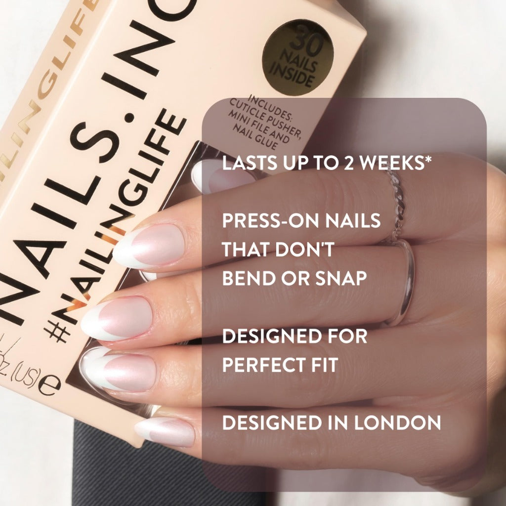 Nails.INC #NailingLife Style It Like Sabrina Gold French Tip Press-On Nails, Almond Shaped, 30 Sizes, Long-Lasting, Non-Damaging, No Snap, Salon-Quality At Home Manicure, Glue Included, 33 Piece Set