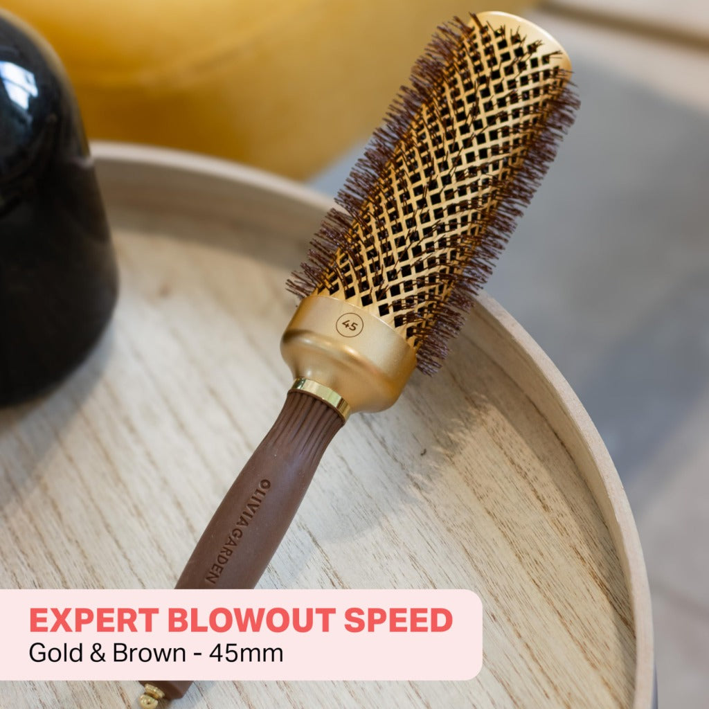 Olivia Garden Expert Blowout Speed - Gold & Brown - 45 - Ceramic Coated Round Brush with Extra Long Barrel for 25% Faster Blowouts - Very Good