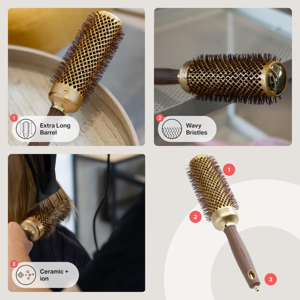 Olivia Garden Expert Blowout Speed - Gold & Brown - 45 - Ceramic Coated Round Brush with Extra Long Barrel for 25% Faster Blowouts - Very Good
