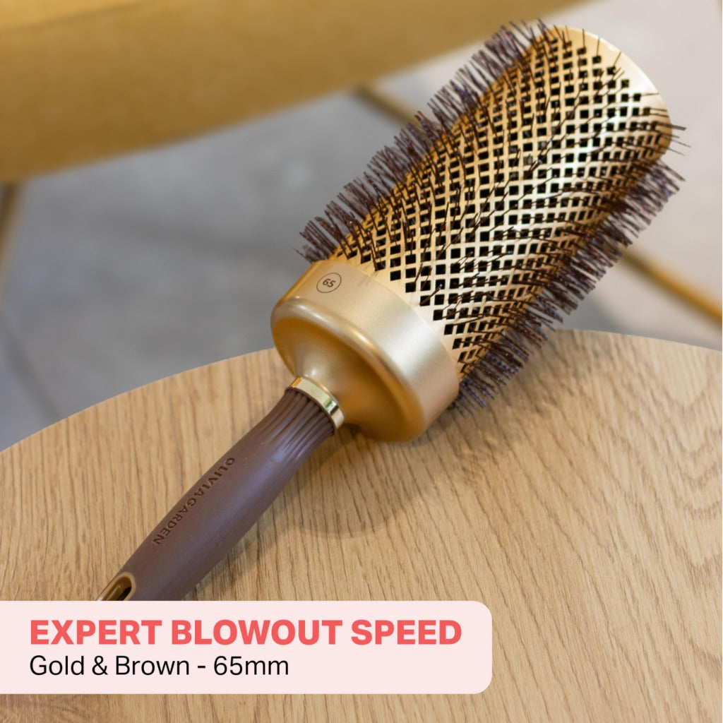 Olivia Garden Expert Blowout Speed - Gold & Brown - 65 - Ceramic Coated Round Brush with Extra Long Barrel for 25% Faster Blowouts