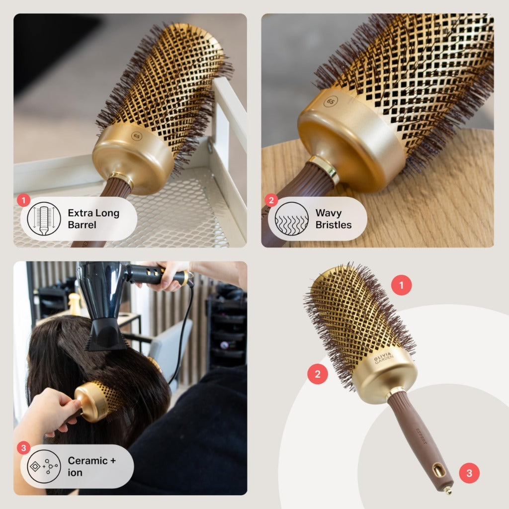 Olivia Garden Expert Blowout Speed - Gold & Brown - 65 - Ceramic Coated Round Brush with Extra Long Barrel for 25% Faster Blowouts