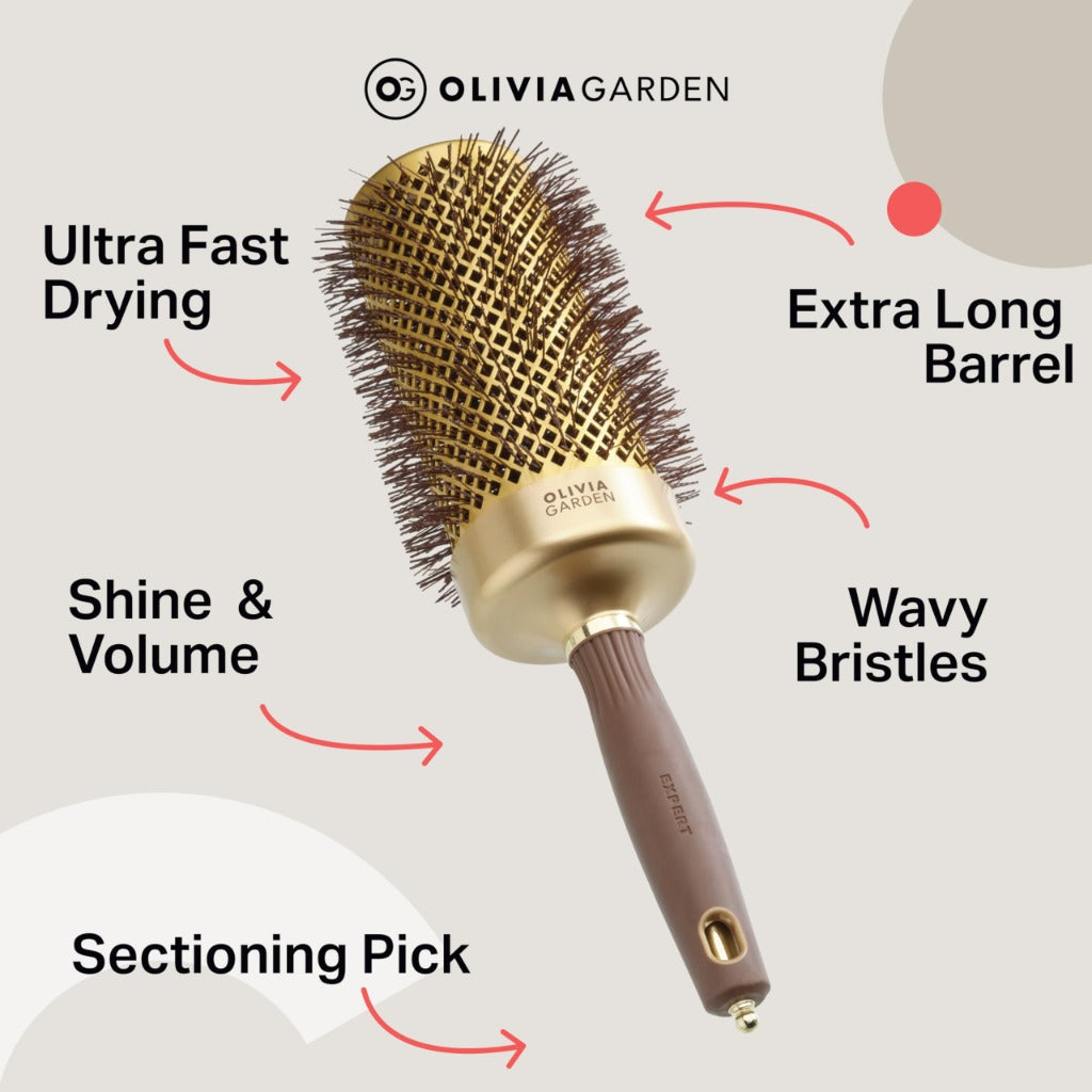 Olivia Garden Expert Blowout Speed - Gold & Brown - 65 - Ceramic Coated Round Brush with Extra Long Barrel for 25% Faster Blowouts