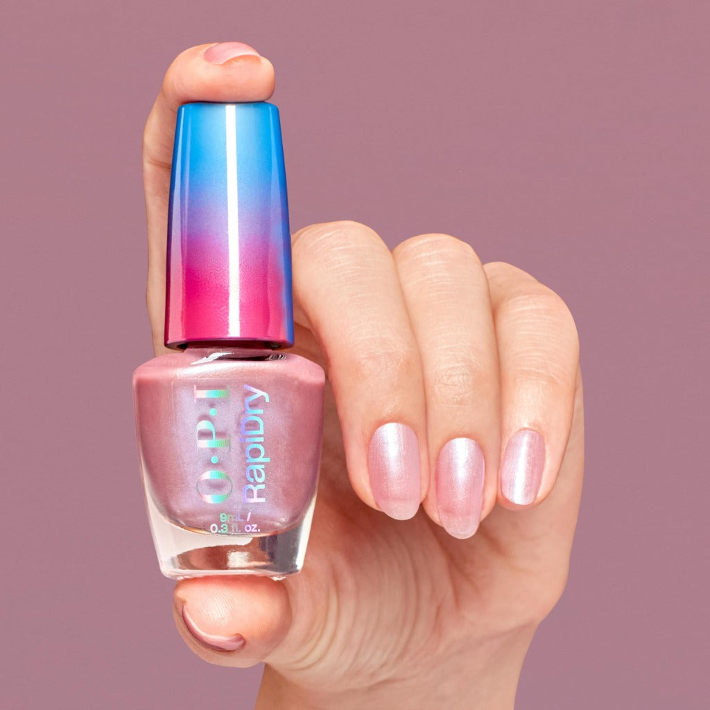 OPI RapiDryTM Quick-Dry Lacquer - Flash n' Flirty Pink Shimmer Nail Polish - Vegan, Fast Drying & Smudge-proof in 60 Seconds (9ml) - Damaged Box