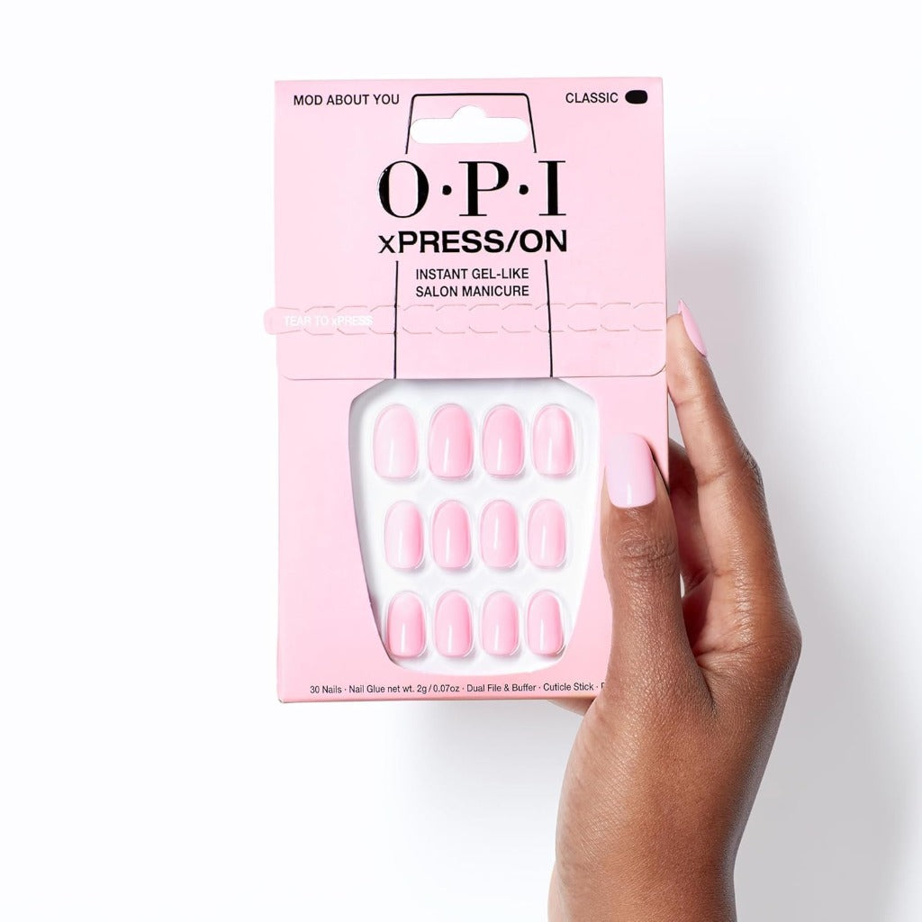 OPI xPRESS-ON Mod About You - Light Pink Short and Round Shaped Press On Nails - With Nail Glue - Long Lasting, Reusable and Non-Damaging False Nails