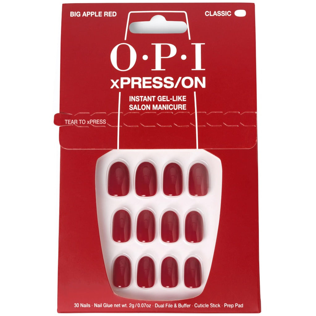 OPI xPRESS/ON Big Apple Red - Classic Red Short Round Press On Nails - With Nail Glue - Long Lasting, Reusable & Non-Damaging Short False Nails - Damaged Box