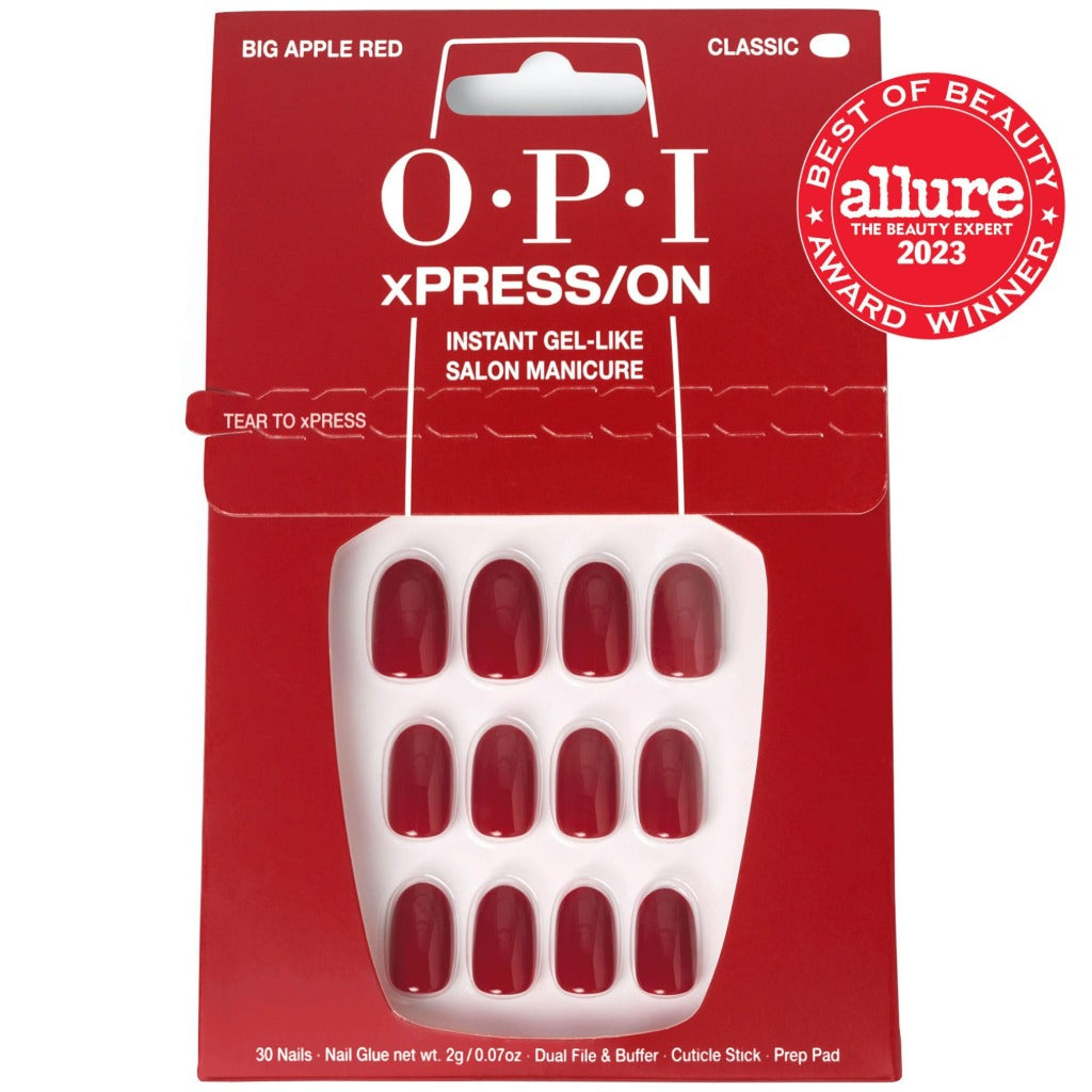 OPI xPRESS/ON Big Apple Red - Classic Red Short Round Press On Nails - With Nail Glue - Long Lasting, Reusable & Non-Damaging Short False Nails - Damaged Box