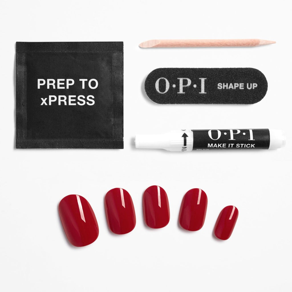 OPI xPRESS/ON Big Apple Red - Classic Red Short Round Press On Nails - With Nail Glue - Long Lasting, Reusable & Non-Damaging Short False Nails - Damaged Box