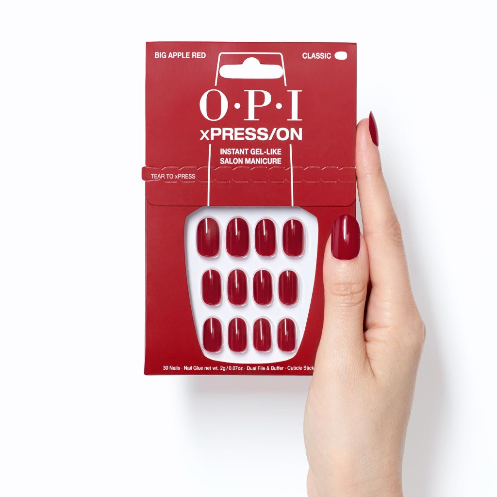 OPI xPRESS/ON Big Apple Red - Classic Red Short Round Press On Nails - With Nail Glue - Long Lasting, Reusable & Non-Damaging Short False Nails - Damaged Box