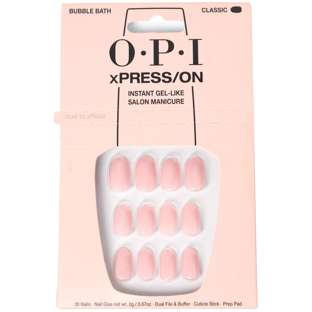 OPI xPRESS/ON Bubble Bath - Nude Pink Short Round Press On Nails - With Nail Glue - Long Lasting, Reusable & Non-Damaging Short False Nails