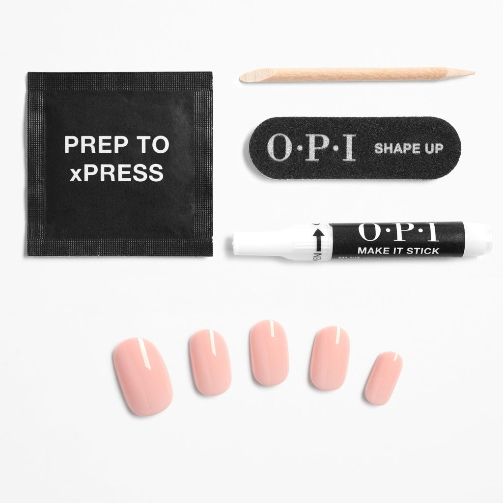 OPI xPRESS/ON Bubble Bath - Nude Pink Short Round Press On Nails - With Nail Glue - Long Lasting, Reusable & Non-Damaging Short False Nails