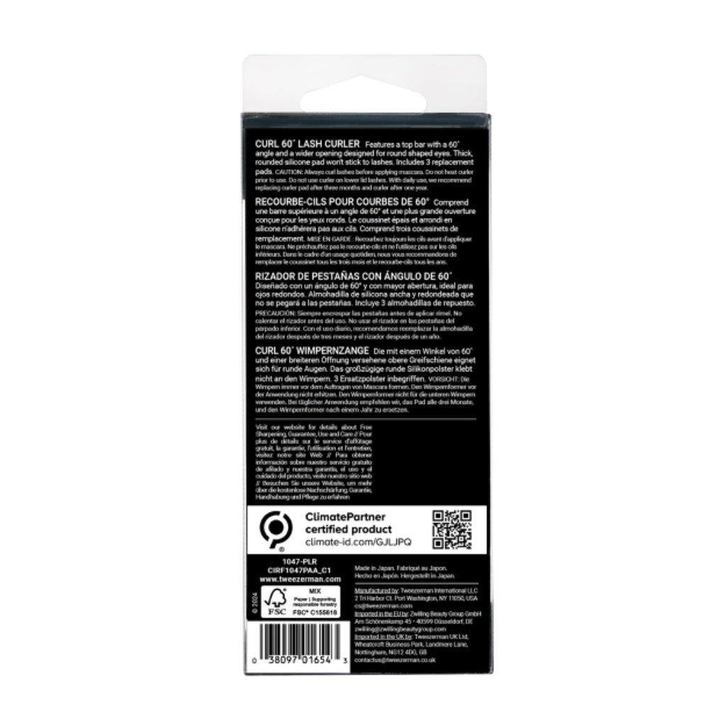 Tweezerman 60^0 Eyelash Curler for Long Lasting Lifted Lashes, Thick, Rounded Hypoallergenic Silicone Pads, 3 Replacement Pads Included, Perfect for Round or Deep-Set Eyes (Pack of 1) - Damaged Box