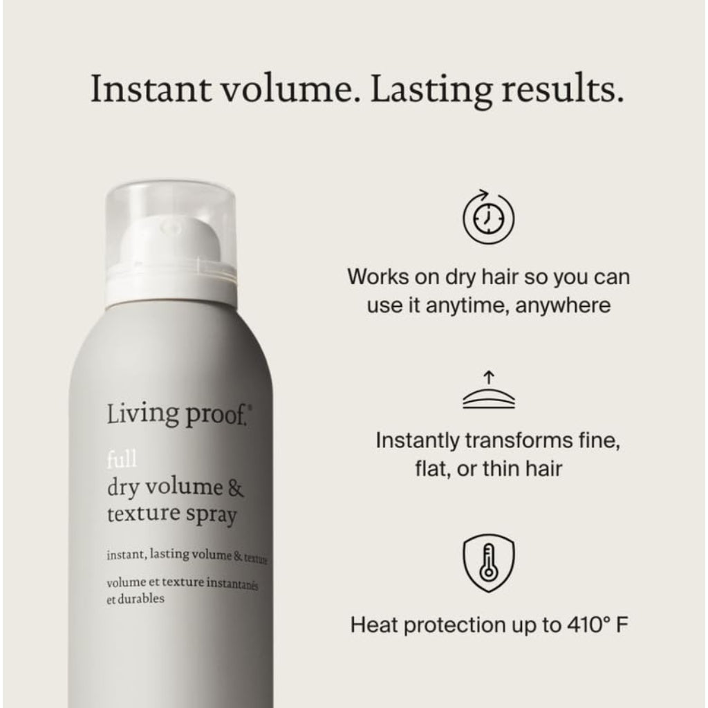 Living Proof Full Dry Volume & Texture Spray - Weightless Buildable Volume & Texture for Fine/Flat Hair - Heat Protection up to 210 ^0C - Vegan, Silicone- & Paraben-Free - Damaged Box