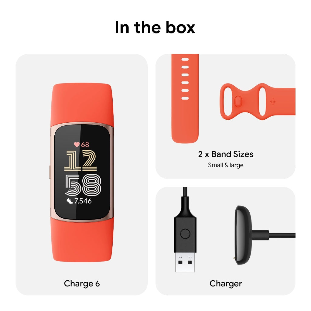 Fitbit Charge 6 Fitness Tracker with Heart Rate GPS and Health Insights Obsidian Coral Gold Smartwatch Fitness Band B0CHN37W2P - Like New