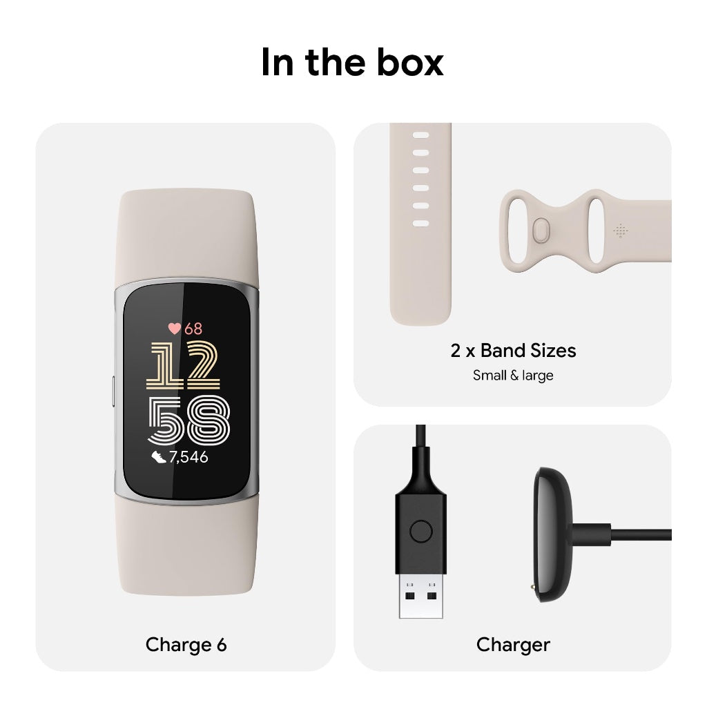 Fitbit Charge 6 Fitness Tracker with Heart Rate GPS and Porcelain Silver Aluminium Case with Chalk Sport Band B0CHN3TXPT - Damaged Box