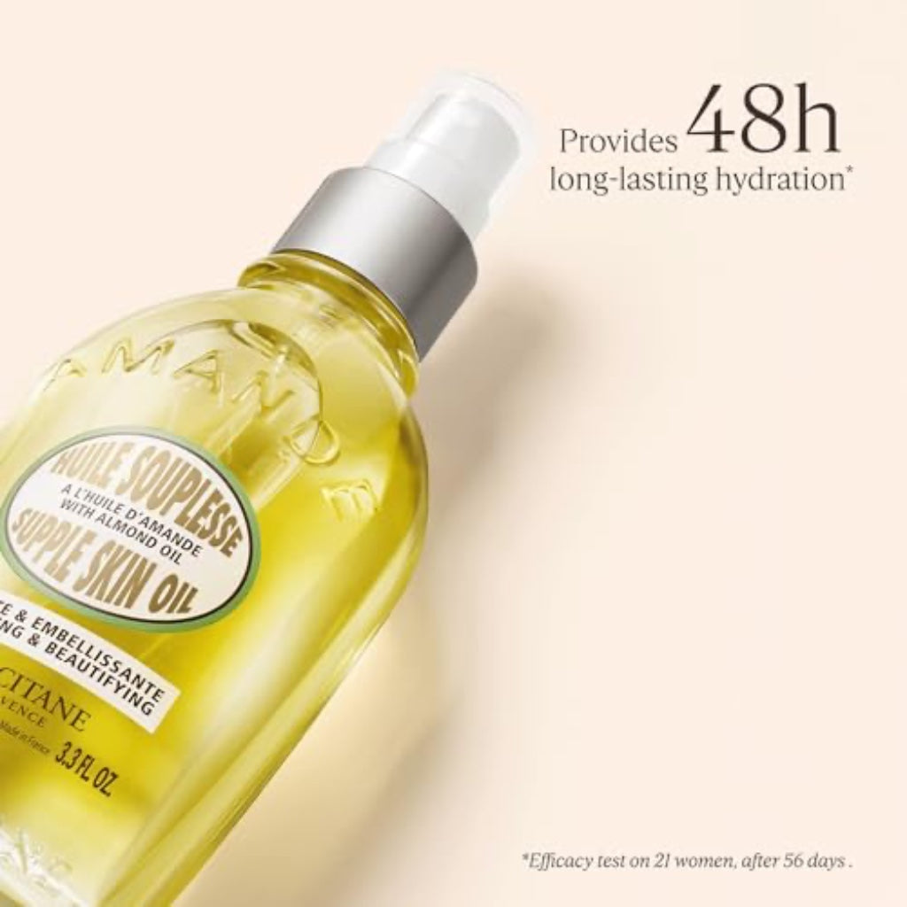 L'OCCITANE Almond Supple Skin Oil 100ml, 50% Pure Almond Oil for Deep Hydration & Glow, Vegan, Fast-Absorbing Body Oil, Luxury Clean Beauty Skincare for Soft, Supple Skin