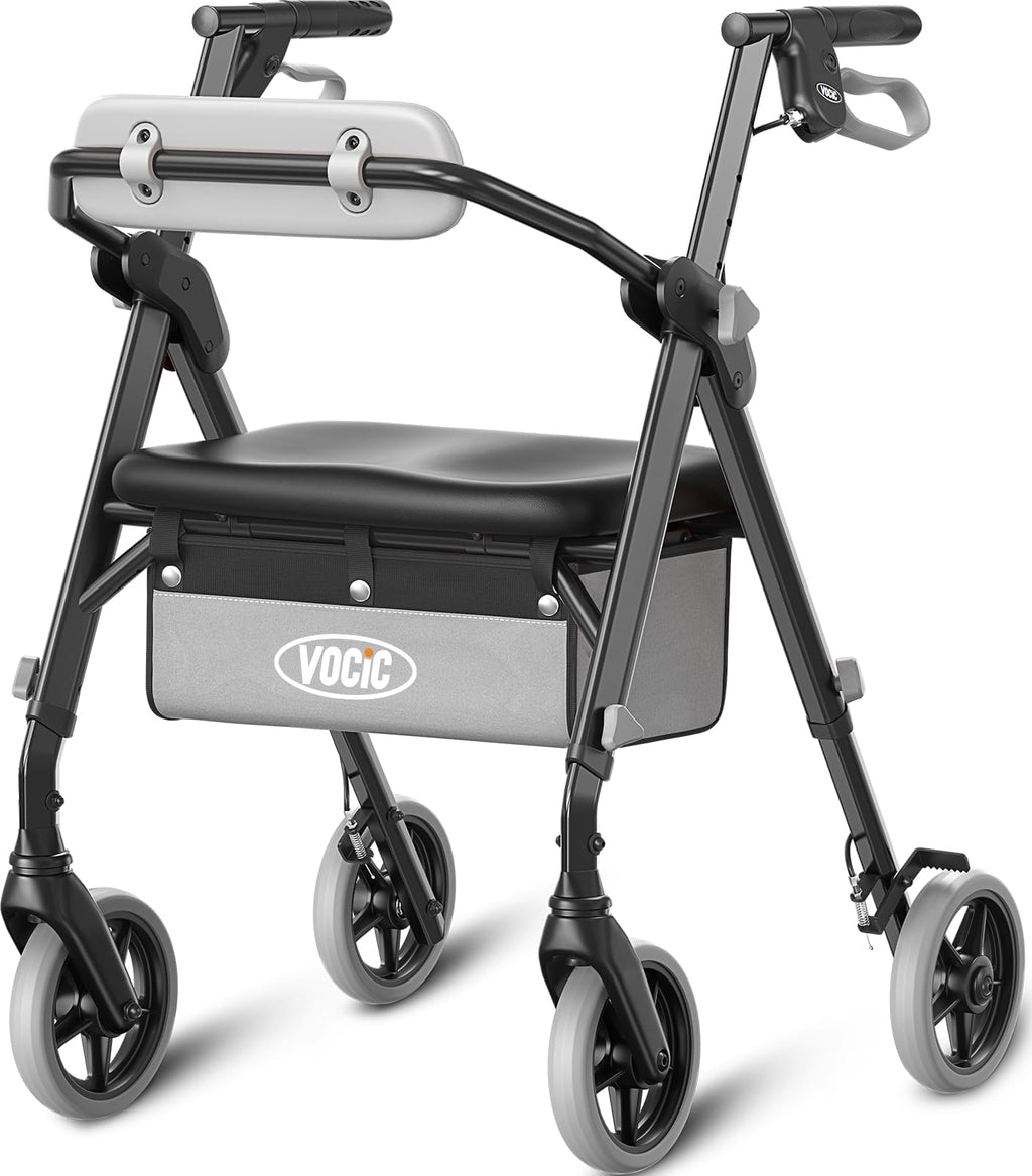 Vocic Z11 Rollator Walker with Seat and Backrest Foldable All Terrain Mobility Aid for Seniors Lightweight Adjustable Height 172kg Capacity