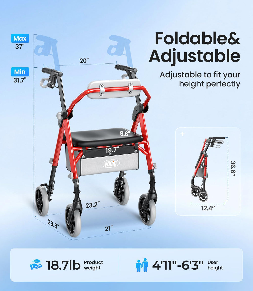 Vocic Z11 Rollator Walker with Seat and Backrest Foldable All Terrain Mobility Aid for Seniors Lightweight Adjustable Height 172kg Capacity