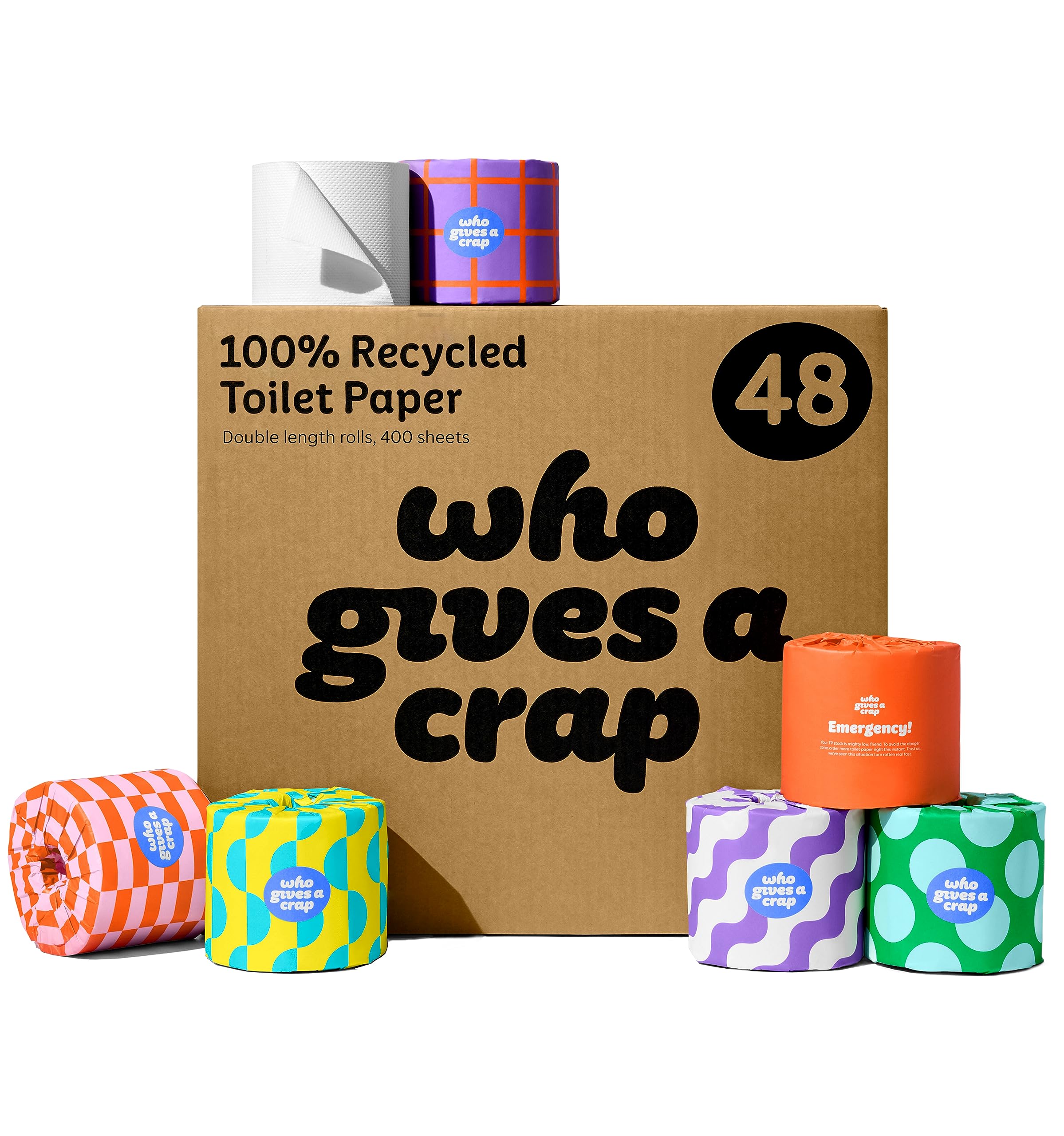 Who Gives A Crap 100% Recycled Toilet Roll 48 Pack 3-Ply 400 Sheets Per Roll Sustainable Eco Friendly Bathroom Tissue Box of 48 Bulk Buy - Damaged Box